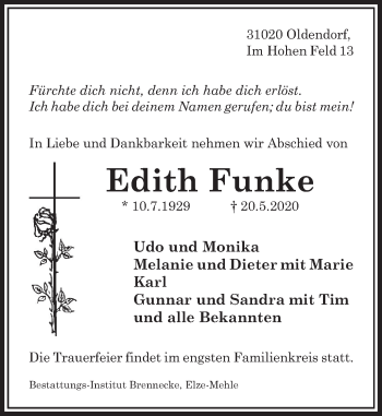 Traueranzeige von Edith Funke von Deister- und Weserzeitung