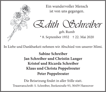 Traueranzeige von Edith Schreiber von Neue Deister-Zeitung