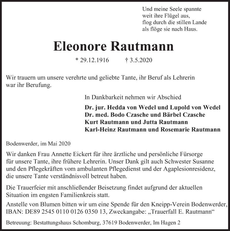  Traueranzeige für Eleonore Rautmann vom 09.05.2020 aus Deister- und Weserzeitung