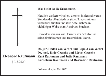 Traueranzeige von Eleonore Rautmann von Deister- und Weserzeitung
