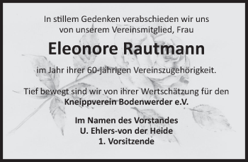 Traueranzeige von Eleonore Rautmann von Deister- und Weserzeitung