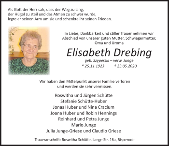 Traueranzeige von Elisabeth Drebing von Deister- und Weserzeitung