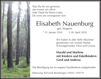 Traueranzeige von Elisabeth Nauenburg von Neue Deister-Zeitung