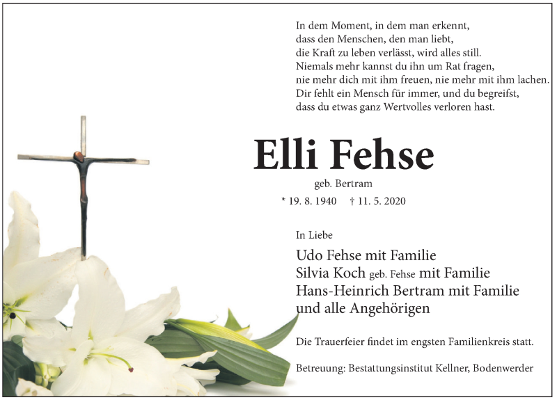  Traueranzeige für Elli Fehse vom 16.05.2020 aus Deister- und Weserzeitung
