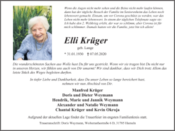 Traueranzeige von Elli Krüger von Deister- und Weserzeitung