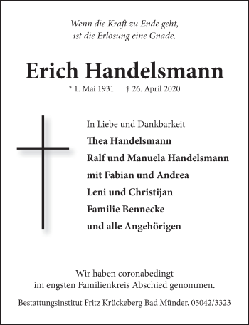 Traueranzeige von Erich Handelsmann von Neue Deister-Zeitung