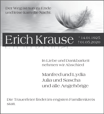 Traueranzeige von Erich Krause von Deister- und Weserzeitung