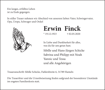Traueranzeige von Erwin Finck von Deister- und Weserzeitung