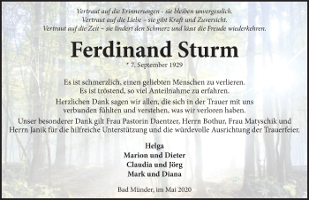 Traueranzeige von Ferdinand Sturm von Neue Deister-Zeitung