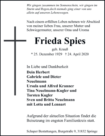 Traueranzeige von Frieda Spies von Neue Deister-Zeitung