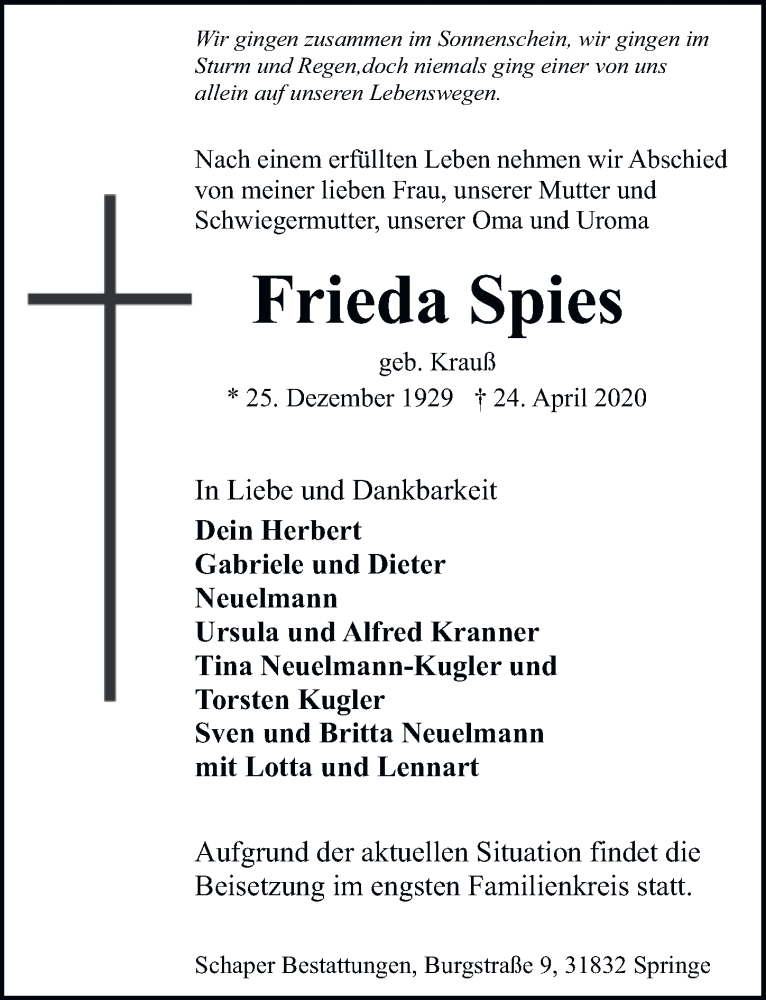  Traueranzeige für Frieda Spies vom 16.05.2020 aus Neue Deister-Zeitung