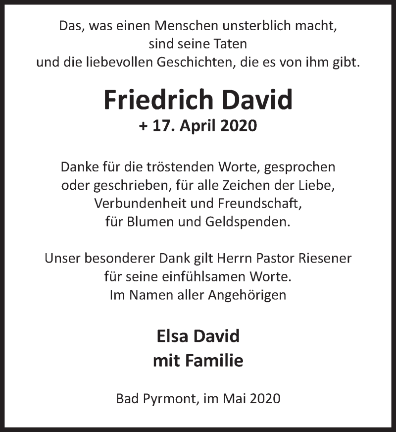  Traueranzeige für Friedrich David vom 16.05.2020 aus Deister- und Weserzeitung