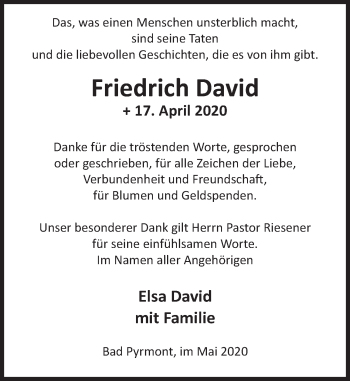 Traueranzeige von Friedrich David von Deister- und Weserzeitung