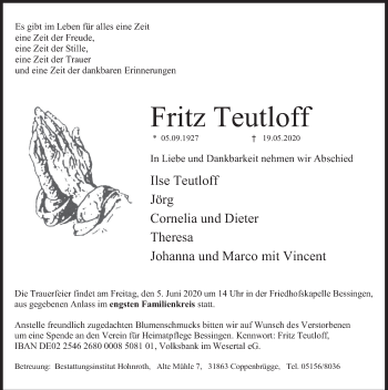 Traueranzeige von Fritz Teutloff von Deister- und Weserzeitung