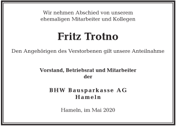 Traueranzeige von Fritz Trotno von Deister- und Weserzeitung