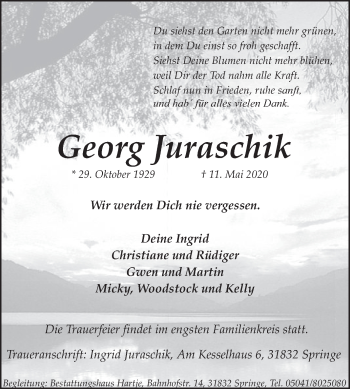 Traueranzeige von Georg Juraschik von Neue Deister-Zeitung