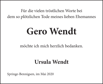 Traueranzeige von Gero Wendt von Neue Deister-Zeitung