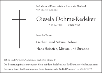Traueranzeige von Giesela Dohme-Redeker von Deister- und Weserzeitung