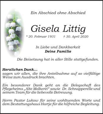 Traueranzeige von Gisela Littig von Neue Deister-Zeitung