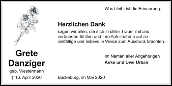 Traueranzeige von Grete Danziger von Neue Deister-Zeitung