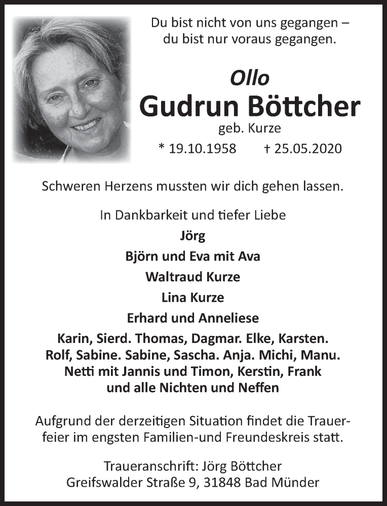  Traueranzeige für Gudrun Böttcher vom 30.05.2020 aus Deister- und Weserzeitung