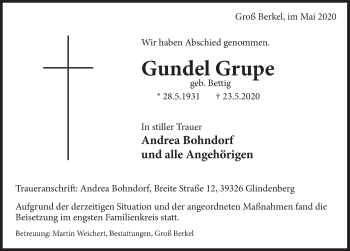 Traueranzeige von Gundel Grupe von Deister- und Weserzeitung