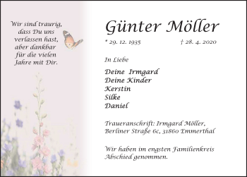Traueranzeige von Günter Möller von Deister- und Weserzeitung
