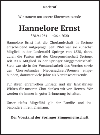 Traueranzeige von Hannelore Ernst von Neue Deister-Zeitung