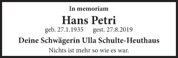 Traueranzeige von Hans Petri von Deister- und Weserzeitung