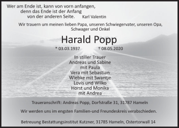 Traueranzeige von Harald Popp von Deister- und Weserzeitung