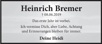 Traueranzeige von Heinrich Bremer von Deister- und Weserzeitung