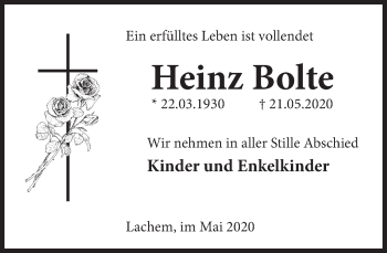 Traueranzeige von Heinz Bolte von Deister- und Weserzeitung