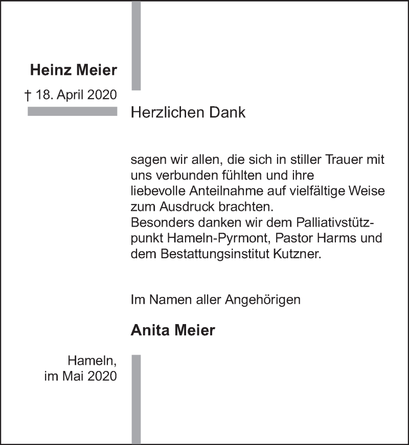  Traueranzeige für Heinz Meier vom 16.05.2020 aus Deister- und Weserzeitung