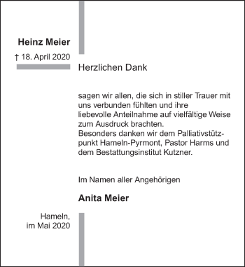 Traueranzeige von Heinz Meier von Deister- und Weserzeitung