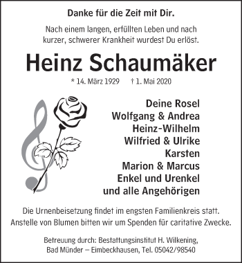 Traueranzeige von Heinz Schaumäker von Neue Deister-Zeitung