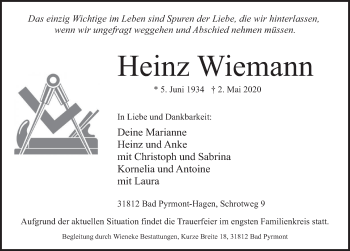 Traueranzeige von Heinz Wiemann von Deister- und Weserzeitung