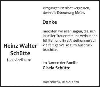 Traueranzeige von Heinz Walter Schütte von Deister- und Weserzeitung