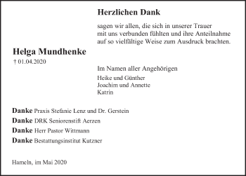Traueranzeige von Helga Mundhenke von Deister- und Weserzeitung