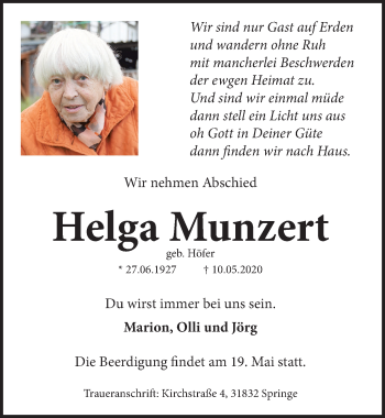 Traueranzeige von Helga Munzert von Neue Deister-Zeitung