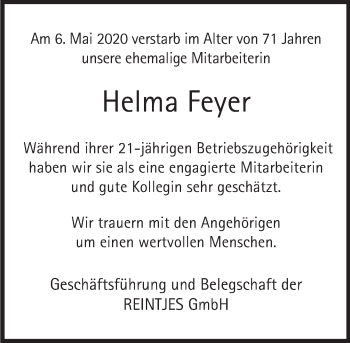 Traueranzeige von Helma Feyer von Deister- und Weserzeitung