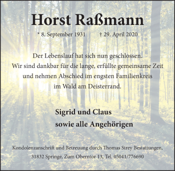 Traueranzeige von Horst Raßmann von Neue Deister-Zeitung