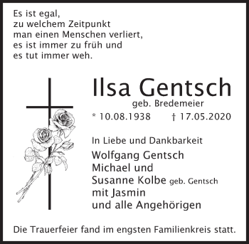 Traueranzeige von Ilsa Gentsch von Deister- und Weserzeitung