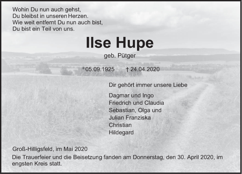  Traueranzeige für Ilse Hupe vom 09.05.2020 aus Deister- und Weserzeitung