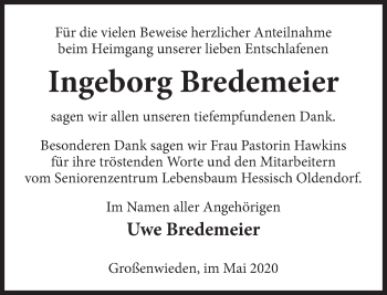 Traueranzeige von Ingeborg Bredemeier von Deister- und Weserzeitung