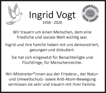 Traueranzeige von Ingrid Vogt von Deister- und Weserzeitung