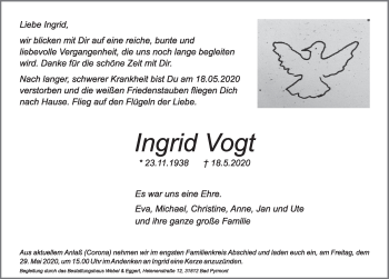 Traueranzeige von Ingrid Vogt von Deister- und Weserzeitung