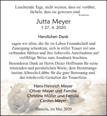 Traueranzeige von Jutta Meyer von Deister- und Weserzeitung