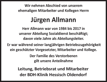 Traueranzeige von Jürgen Allmann von Deister- und Weserzeitung