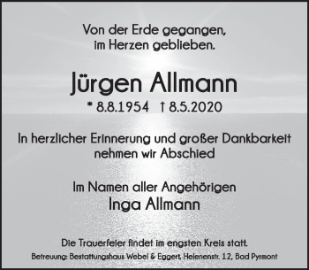 Traueranzeige von Jürgen Allmann von Deister- und Weserzeitung