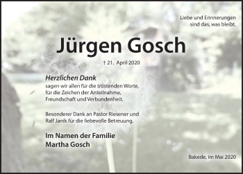 Traueranzeige von Jürgen Gosch von Neue Deister-Zeitung